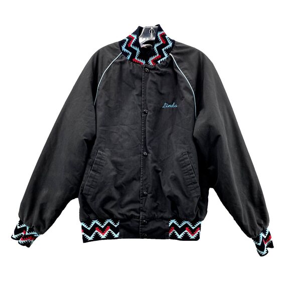 Vintage West Ark Bomber Jacket Medium Black Aztec Southwestern Varsity USA Made - Picture 1 of 15